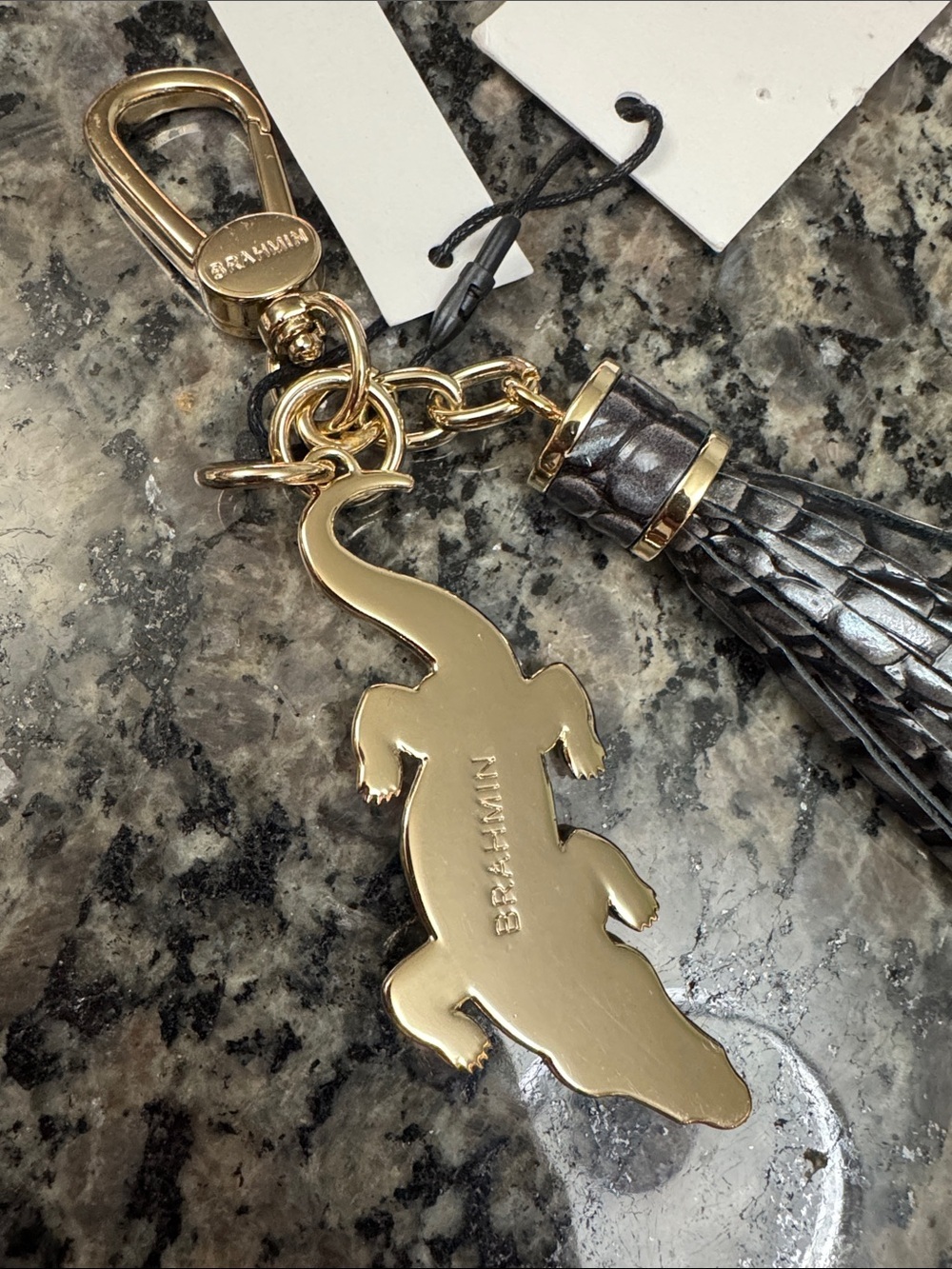 Brahmin Black leather gold Metallic Tassel Croc Charm Keychain bag charm NWT - Picture 5 of 11
